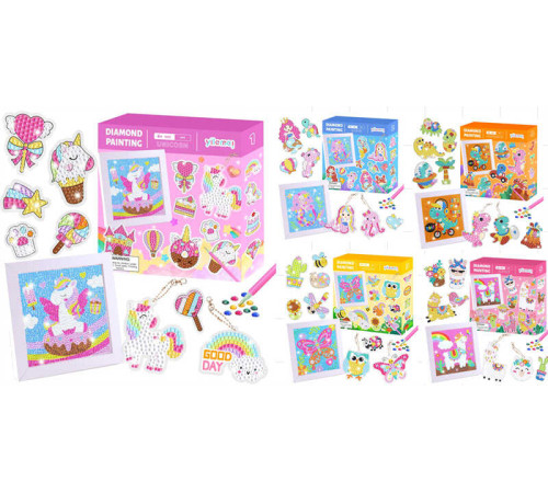 Алмазна мозаїка C 64274 (60) 4 види, картина, рамка, наліпки, 2 брелоки, фурнітура, алмази, тарілочка, віск, стилус, ВИДАЄТЬСЯ МІКС ВИДІВ, в коробці