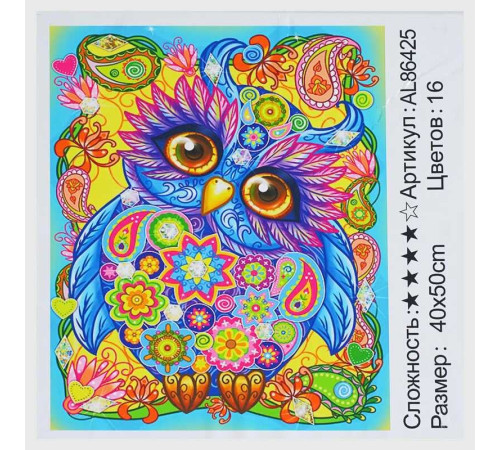 Алмазна мозаїка AL 86425 ЗІ СТРАЗАМИ РІЗНОЇ ФОРМИ (30) "TK Group", 40х50см, “Яскрава сова”, в коробці
