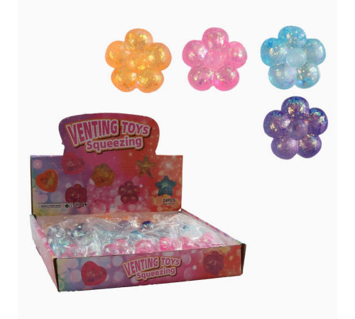 Гра антистрес C 68822 (22) ЦІНА ЗА 24 ШТУКИ В БЛОЦІ, "Квіточка", розмір 5.5х5.5х1.5 см, гелеве наповнення, блискітки, в коробці