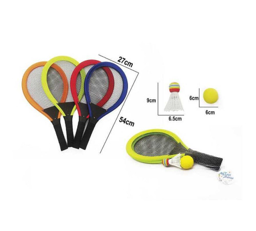 Ракетки 202 (48) 4 кольори, 2 ракетки, пластиковий каркас, текстильна сітка, м’яка ручка, волан, м'яч, в сітці, ВИДАЄТЬСЯ ТІЛЬКИ МІКС ВИДІВ