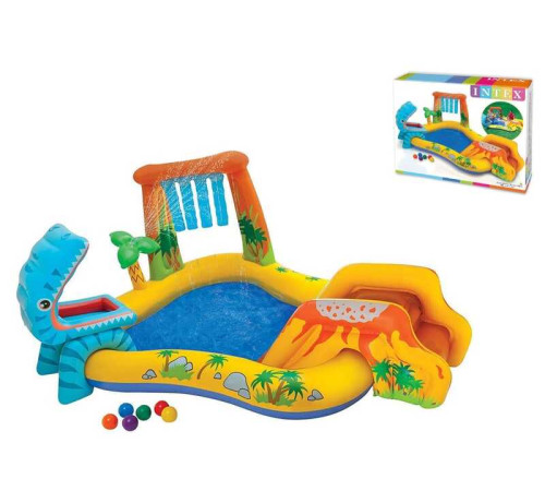 Intex Ігровий центр 57444 NP (2) Динозаври, з гіркою, душем, фонтанчиком, кульками 6 шт, 249х191х109 см, від 3-х років