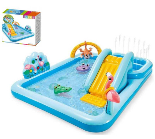 Intex Ігровий центр 57161 NP (2) "Пригоди в джунглях", від 3 років, гірка, гра в кільця та кульки, розмір 257х216х84см