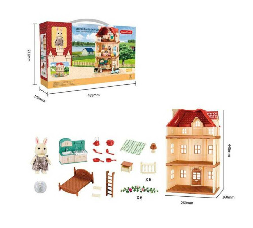 Будиночок A 07 (12) 3 поверхи, флоксова фігурка, меблі, аксесуари, підсвічування, в коробці