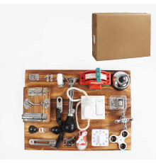 Бізіборд дерев'яний C 64845 (5), дзвінок, застібки, таймер, розетка, замки, шнурівка, перемикач, кран, фіджет, клаксон, музичний механізм, в коробці