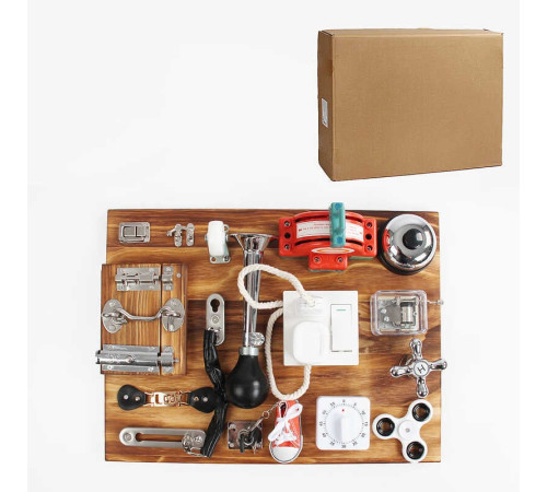 Бізіборд дерев'яний C 64845 (5), дзвінок, застібки, таймер, розетка, замки, шнурівка, перемикач, кран, фіджет, клаксон, музичний механізм, в коробці