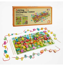 Логічна дерев’яна дошка C 67048 (20) літери та назви продуктів англійською, сортер, цифри, шнурівка, кульки, палички, в коробці