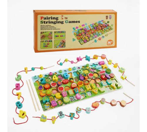 Логічна дерев’яна дошка C 67048 (20) літери та назви продуктів англійською, сортер, цифри, шнурівка, кульки, палички, в коробці