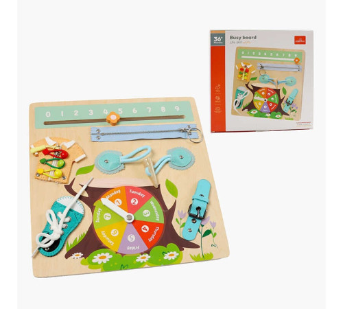 Бізіборд дерев'яний C 66130 (48) застібки, ремені, блискавки, шнурівка, в коробці