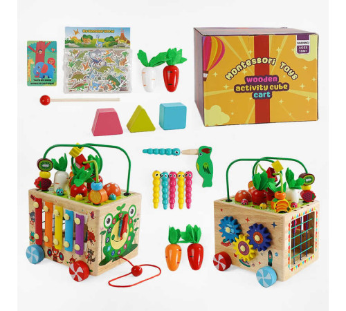 Ігровий центр С 68358 (16) дерев’яний, каталка, годинник, ксилофон, сортер, шестерні, морквяні грядки, черв’ячки, пальчиковий лабіринт, в коробці