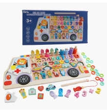 Логічна дерев’яна дошка C 53625 (30) сортер, пазл, магнітна риболовля, назви цифр та фігур англійською мовою, дерев'яні кілочки, кольорові кільця, в коробці