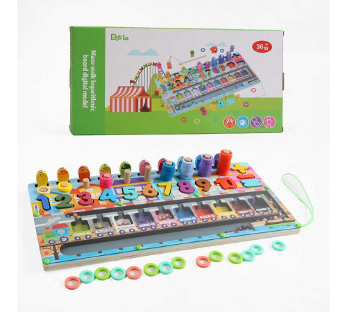 Логічна дерев’яна дошка D 38475 (20) магнітна гра, магнітна риболовля, дерев'яні кілочки, кольорові кільця, сортер, цифри, в коробці