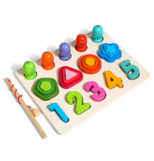 Логічна дерев’яна дошка С 74416 (48) вкладиші, цифри, фігурки, магнітна риболовля, в коробці