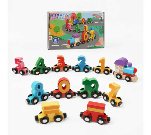 Потяг магнітний C 74134 (30) довжина 102 см, дерев’яні цифри (від 0 до 10) та арифметичні знаки, локомотив, на колесах, з магнітами, в коробці