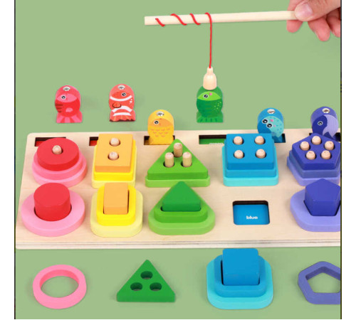 Логічна дерев’яна дошка C 75296 (33) дошка розміром 30х15 см, магнітна риболовля, геометричні фігури, кілочки, назви кольорів англійською, в коробці