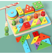 Логічна дерев'яна дошка C 75298 (30) геометричний сортер, танграм, сортер за кольорами, магнітна риболовля, 5 рибок, вудка, в коробці