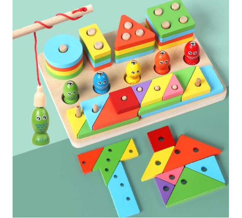 Логічна дерев'яна дошка C 75298 (30) геометричний сортер, танграм, сортер за кольорами, магнітна риболовля, 5 рибок, вудка, в коробці