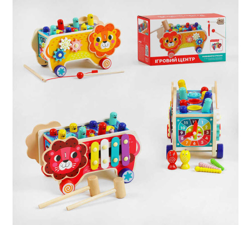 гр Ігровий центр 55202 (24) "4FUN Game Club Wood", "Лев", дерев’яний, ксилофон, магнітна риболовля, стукалка, шестерні, годинник, у коробці