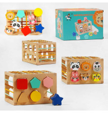 Дерев'яний геометричний сортер C 60392 (27) сортер тваринки, еластичні стрічки, дерев’яний куб, в коробці