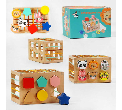 Дерев'яний геометричний сортер C 60392 (27) сортер тваринки, еластичні стрічки, дерев’яний куб, в коробці – в наличии! Купите сейчас у KAZKOVA