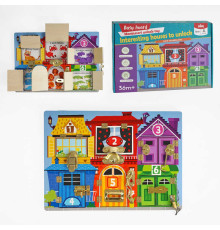 Бізіборд дерев'яний C 64848 (20) “Квартирки з тваринами”, 6 видів замочків, що відкривають віконця, в коробці