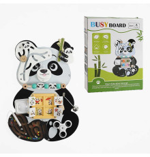 Бізіборд дерев'яний C 68272 (9) “Панда”, 9 ігор, пальчиковий лабіринт, магнітна гра, спінер, дверцята, рахівниця, лампа, в коробці