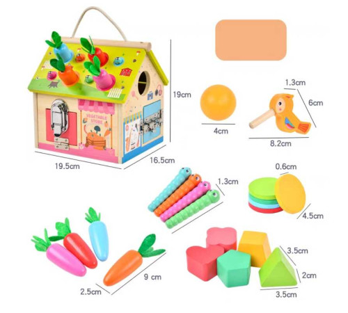 Будиночок логічний C 68839 (18) дерев'яний, сортер, годинник з рухомими стрілками, дверцята з металевими замками, морквини, черв'ячки, в коробці