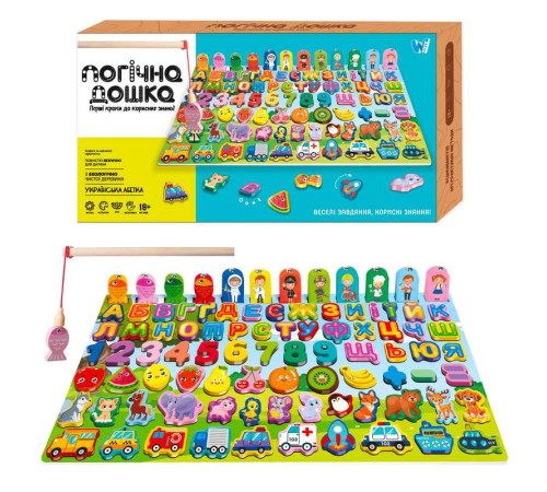 Логічна дерев’яна дошка 31592 (40) "WToys", математичний+фруктовий сортер, транспорт, літери, магнітна риболовля, в коробці – в наличии! Купите сейчас у KAZKOVA