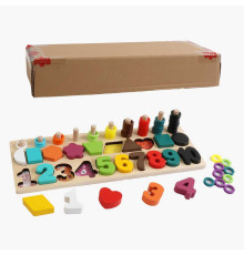 Логічна дерев’яна дошка C 53797 (24) сортер, дерев'яні кілочки, кольорові кільця, цифри, фігури, в коробці