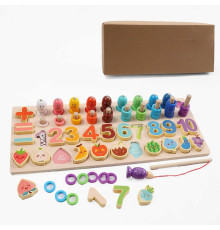 Логічна дерев’яна дошка С 74472 (18) гра з кілочками, назви англ. мовою, магнітна риболовля, вкладиші, цифри, овочі, фрукти, кольорові кільця, сортер, в коробці