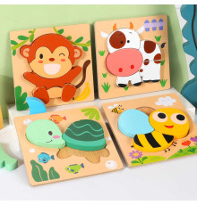 Пазли-вкладиші С 74357 (36) 4 дерев'яні дошки, 14.5х.14.5х0.5 см, об'ємні зображення тварин, великі елементи-вкладиші, в коробці