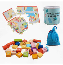 Конструктор дерев’яний C 74301 (12) 122 елементи, мішечок для зберігання, пазли, у відрі