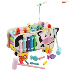 Ігровий центр C 74300 (18) “Корівка”, дерев’яний, каталка, ксилофон, стукалка, магнітна риболовля, рахівниця, пальчиковий лабіринт, молоточки, в коробці