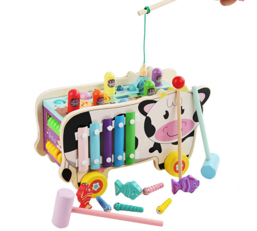 Ігровий центр C 74300 (18) “Корівка”, дерев’яний, каталка, ксилофон, стукалка, магнітна риболовля, рахівниця, пальчиковий лабіринт, молоточки, в коробці