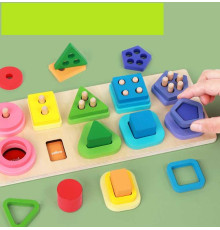 Дерев'яний геометричний сортер C 75295 (36) дошка розміром 30х12.5 см, геометричні фігури, кілочки, назви кольорів англійською, в коробці