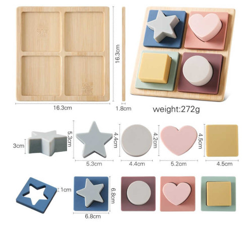 Вкладиші C 64057 (70) дерев'яна дошка, сортер за формою, 4 гумових фігурки, в пакеті