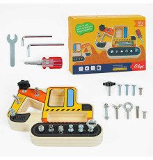 Бізіборд дерев'яний C 35584 (32) екскаватор, болтики, викрутка, ключик, шестигранник, у коробці