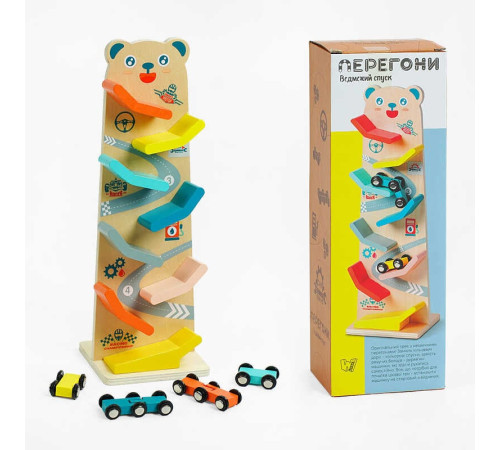 Трек C 61463 (24) "WToys", 8 спусків, 4 машинки, дерев’яний, в коробці – в наличии! Купите сейчас у KAZKOVA
