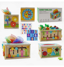 Ігровий центр C 65627 (18) дерев’яний, магнітна риболовля, серветки, геометричний сортер, шестерні, годинник, в коробці