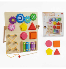 Бізіборд дерев'яний C 68837 (24) ксилофон, сортер, шнурівка, шестерінки, в коробці