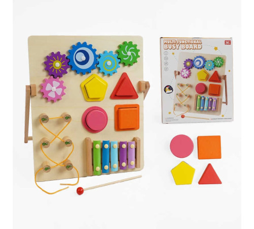 Бізіборд дерев'яний C 68837 (24) ксилофон, сортер, шнурівка, шестерінки, в коробці