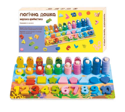 Логічна дерев’яна дошка 32521 (40) "WToys", сортер, магнітна риболовля, назви цифр англійською, дерев'яні кілочки, геометричні фігури, кольорові кільця, в коробці – в наличии! Купите сейчас у KAZKOVA