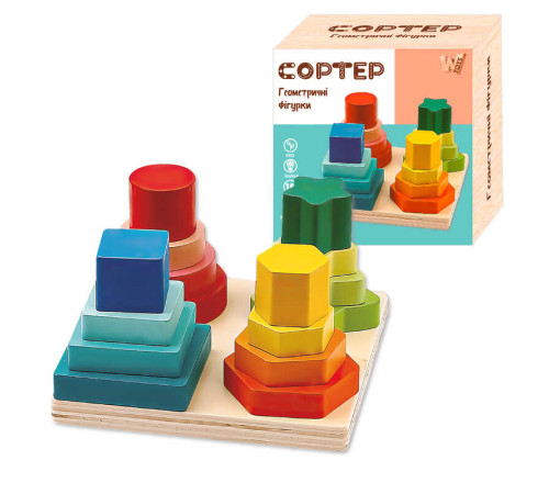 Дерев'яний геометричний сортер 36801 (36) "WToys", 12,5х12,5 см, в коробці – в наличии! Купите сейчас у KAZKOVA