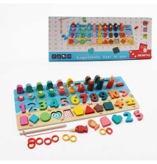Логічна дерев’яна дошка С 74528 (40) магнітна риболовля, гра з кілочками, кольорові кільця, вкладиші, цифри, фігурки, в коробці