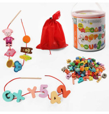 Шнурівка дерев'яна С 74438 (18) фігурки з тваринами, фруктами й овочами, літерами англійського алфавіту, цифрами й арифметичними знаками, декілька шнурків з дерев’яним краєм, текстильна сумочка, у відрі