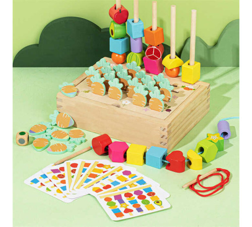 Логічна гра C 74247 (32) дерев'яна, сортер, фігури, шнурівка, кілочки, 10 карток, в коробці – в наличии! Купите сейчас у KAZKOVA