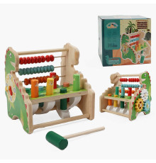Ігровий центр F 43604 (18) дерев’яний, 20х16х20 см, стукалка, молоточок, шестерінки, рахівниця, годинник з рухомими стрілками, в коробці