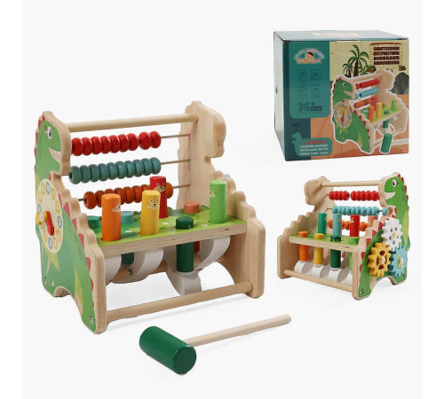Ігровий центр F 43604 (18) дерев’яний, 20х16х20 см, стукалка, молоточок, шестерінки, рахівниця, годинник з рухомими стрілками, в коробці
