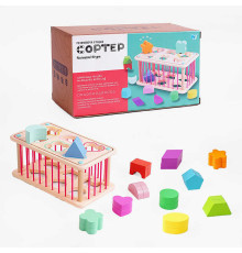 Дерев'яний геометричний сортер C 60434 (30) "WToys", стінки з резинок, 12 дерев’яних фігурок, в коробці