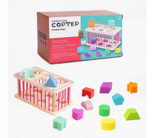 Дерев'яний геометричний сортер C 60434 (30) "WToys", стінки з резинок, 12 дерев’яних фігурок, в коробці – в наличии! Купите сейчас у KAZKOVA