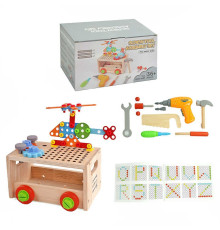 Ігровий центр C 65657 (12) дерев’яний, інструменти, ящик, столярний верстак, електричний шуруповерт, каталка, конструктор, в коробці